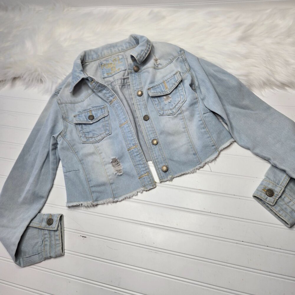 Rue 21 Denim Jean Jacket Juniors Medium Blue Cropped Rip Torn Distressed Hipster